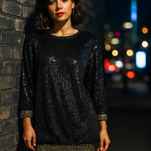 Lillie Rubin 80s Black Gold Sequin Bubble Dress Vintage Party Glam M/L Disco - Picture 1 of 10